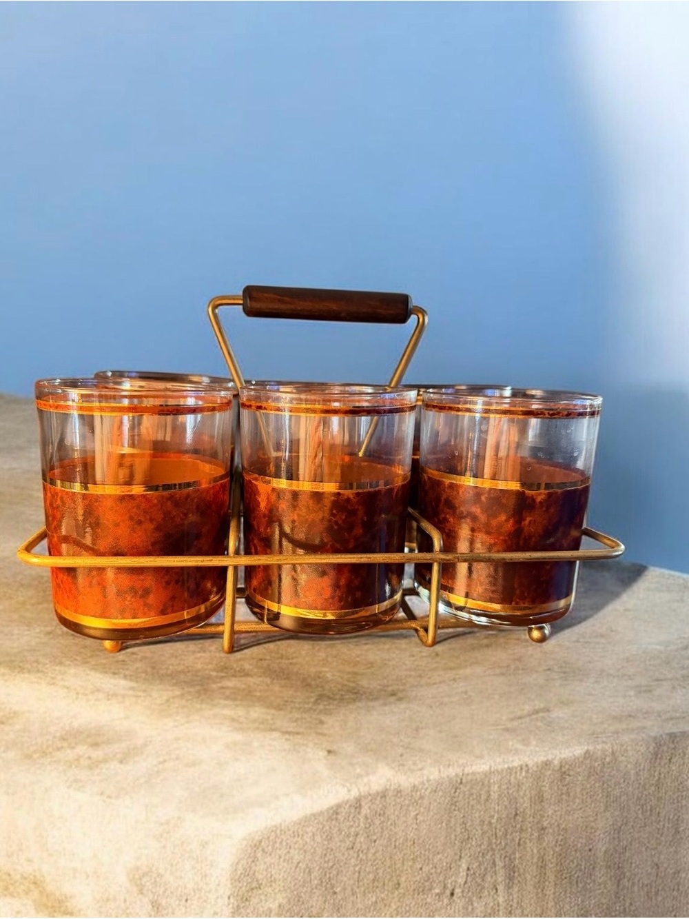 Vintage Mid-Century Culver Tortoise Shell Lowball Glasses with Brass Carrier